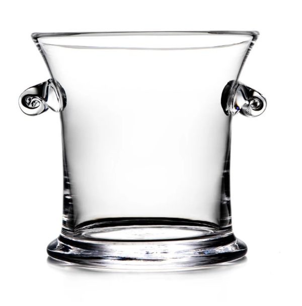 The Simon Pearce Norwich Ice Bucket is a clear, cylindrical glass design featuring a flared rim and two symmetrical, curled handles on opposite sides. It has a smooth surface and stands on a slightly thickened circular base.