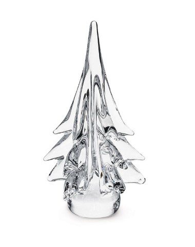 The Simon Pearce 10" Spruce Evergreen is a clear, glass sculpture in the shape of a stylized Christmas tree. The sculpture showcases smooth, flowing lines and a sleek, contemporary design. It stands upright with multiple branches extending outward and upward from a solid base.