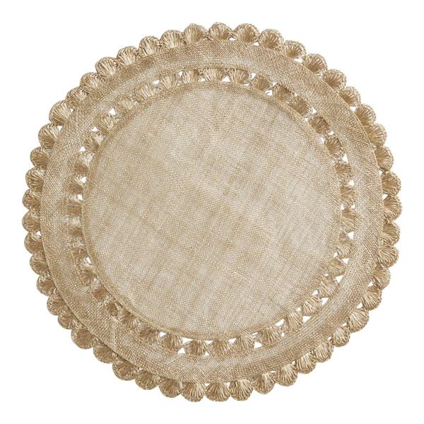 The Juliska Isadora Gold Placemat is a round, beige lace placemat featuring an intricately woven pattern with scalloped edges. The central part of the placemat has a simpler, tightly woven design, while the border showcases more detailed lacework, creating an elegant and decorative appearance.