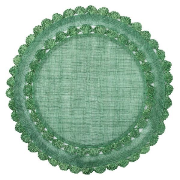 Introducing the Juliska Isadora Evergreen Placemat: a round, green woven placemat adorned with scalloped edges. This exquisite piece showcases an intricate design with a textured surface and detailed stitching along the scalloped border, exuding an elegant and decorative charm.