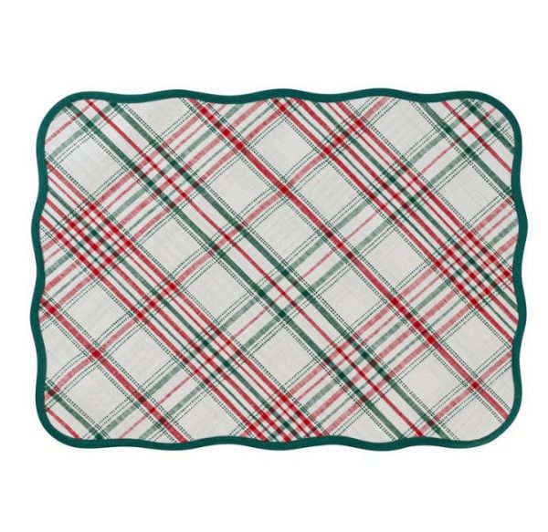 This image showcases the Juliska Merry Tartan Placemat, which is a rectangular cloth adorned with a festive plaid pattern. The design features intersecting lines in red, green, and white, creating a seasonal appearance. The placemat is finished with a scalloped edge trimmed in green.