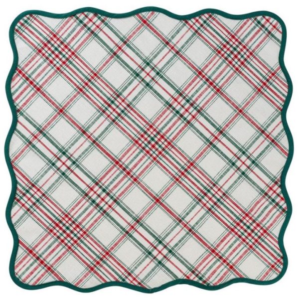 The Juliska Merry Tartan 52" Square Tablecloth features a red, green, and white plaid pattern with scalloped edges and a dark green border. The design showcases various intersecting lines creating a classic plaid appearance.