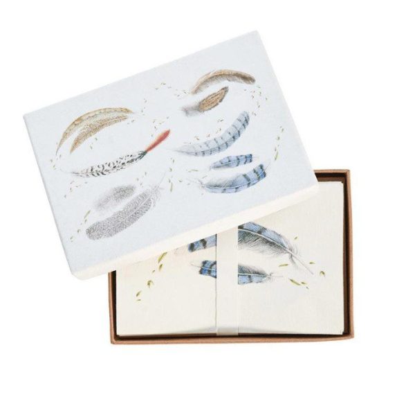 A set of Juliska Forest Walk Note Cards, each featuring colorful feather illustrations on the lid of their decorative box, is partially open to reveal cream-colored envelopes adorned with similar feather designs inside.