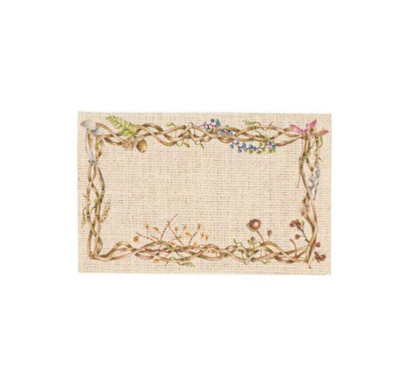 The Juliska Forest Walk Place Card features a rectangular beige frame with an intricate border of vines, leaves, and small flowers, giving it a natural and rustic appearance against a white background.