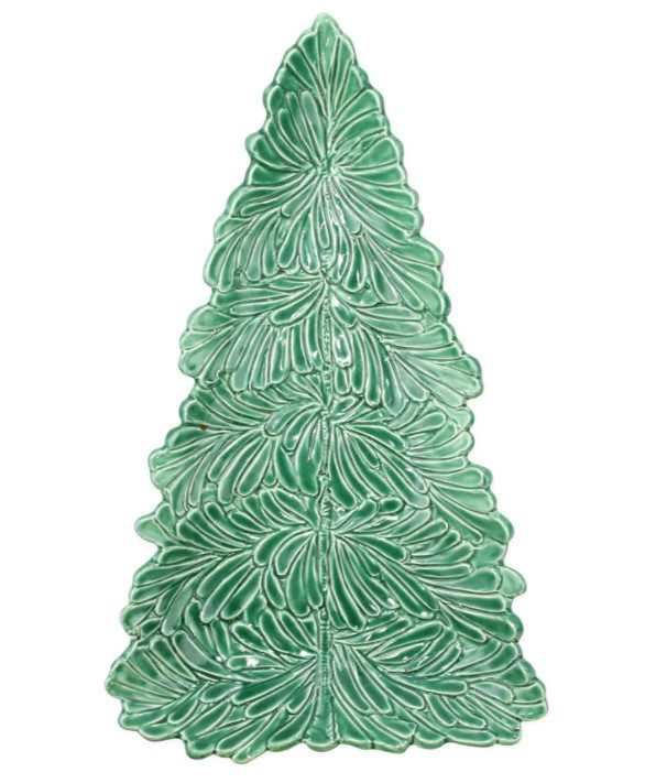 The Vietri Lastra Holiday Figural Tree Platter - Small is a ceramic plate shaped like a Christmas tree, featuring a green glaze and intricate leaf-like patterns. The plate's detailed, textured design gives it the appearance of tree layers and branches.