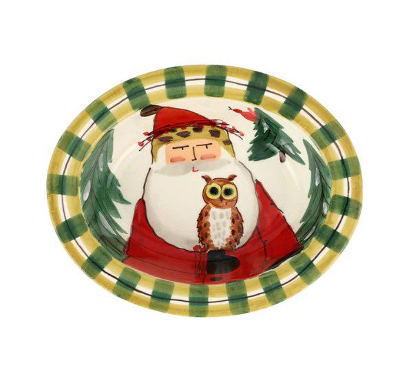 Vietri Old St. Nick Small Rimmed Oval Bowl with Owl