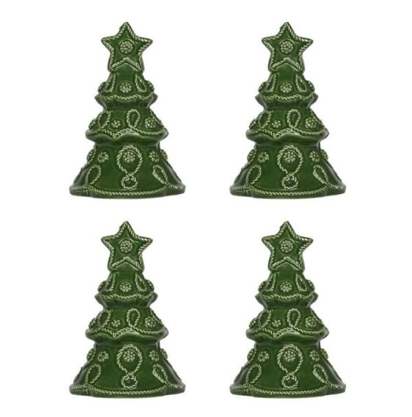 Four Juliska Berry & Thread Tree Place Card Holders are displayed in a grid pattern. Each holder has intricate detailing with garland-like decorations and a star on top. The holders are identical and symmetrical, showcasing a traditional holiday design.