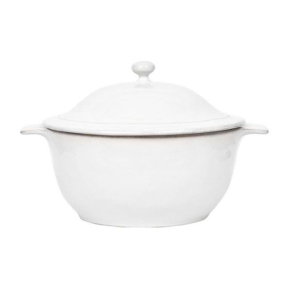 The Juliska Puro 12" Casserole with Lid - Whitewash is a beautiful white, round ceramic dish with a matching lid featuring a small handle on top. The casserole dish has two side handles for easy lifting and boasts a simple yet elegant design, making it perfect for both baking and serving.