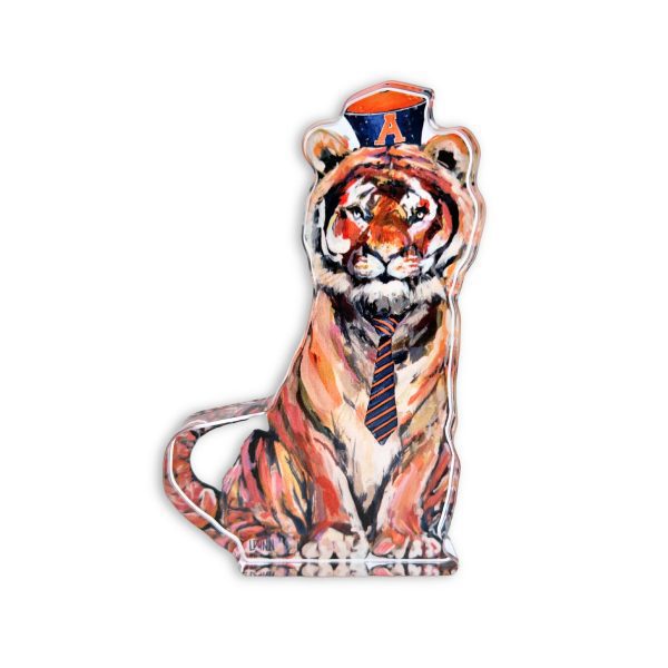 Lauren Dunn Acrylic Auburn Tiger features a vibrant illustration of a tiger sitting upright, adorned with a blue and orange hat emblazoned with the letter "A," and wearing a striped tie. The background is beautifully set in white.