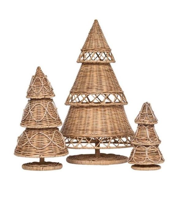 Three Juliska Provence Rattan Trees, each standing 16 inches tall, are displayed. Each tree features a rustic, handcrafted texture with intricate woven patterns. The natural, earthy appearance is showcased in their conical shapes as they stand side by side.