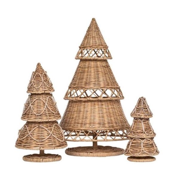 Three Juliska Provence Rattan Trees of varying sizes. The tallest tree, at 10 inches, has two hollow sections. The middle one showcases intricate weaving patterns, while the smallest features crisscross designs. Each tree rests on a circular base.