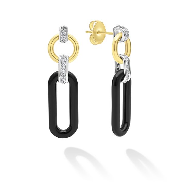 LAGOS Signature Caviar 18K Gold and Black Ceramic Diamond Link Drop Earrings showcase a sophisticated design with gold and silver-toned circular links embellished with small crystals, seamlessly connected to elongated black rectangular links, all set against a white background.