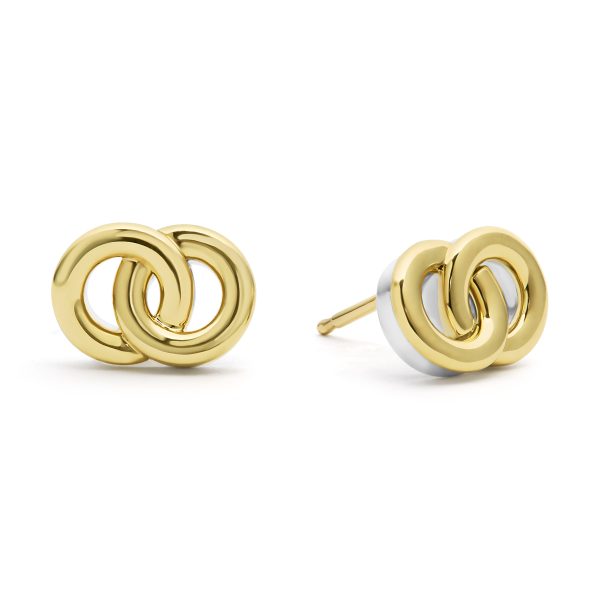 Introducing the LAGOS Signature Caviar Two-Tone Interlocking Stud Earrings. Each earring showcases two smooth, polished circles intricately linked together, offering a simple yet elegant design. The earrings are beautifully displayed against a pristine white background.