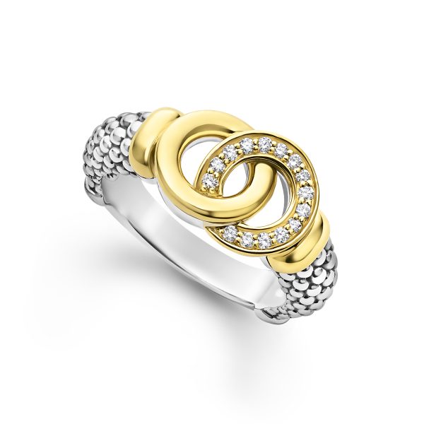 The LAGOS Signature Caviar Two-Tone Interlocking Diamond Ring features intertwined gold and silver circles, with one circle adorned with small diamonds. The band boasts a textured silver design, elegantly combining shiny metallic finishes with a touch of sparkle.