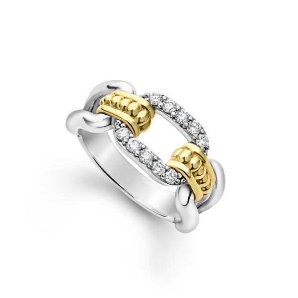 The LAGOS Signature Caviar Two-Tone Link Diamond Ring features an exquisite combination of polished silver and gold sections. Its design includes alternating pavé-set round diamonds on the gold segments, seamlessly connecting with the silver parts to create a stylish and elegant pattern.