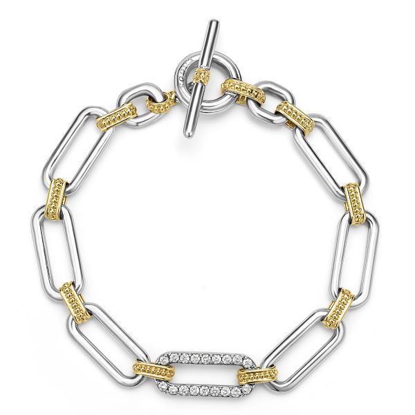 The LAGOS Signature Caviar Two-Tone Link Diamond Bracelet is a stylish accessory made of alternating silver and gold rectangular links, featuring a circular clasp. One of the silver links is encrusted with small, sparkling diamonds, adding an elegant touch to the design.