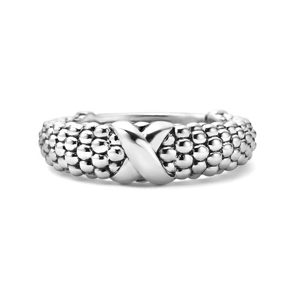 The LAGOS Embrace X Beaded Ring is a silver ring with a beaded, textured band design featuring a prominent X-shaped detail in the center and has a shiny, polished finish.