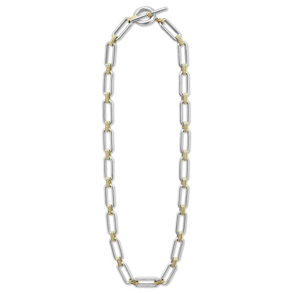 Introducing the LAGOS Signature Caviar Two-Tone Link Single Station Diamond Necklace, featuring a blend of elongated silver links with small gold-toned connectors and a toggle clasp.