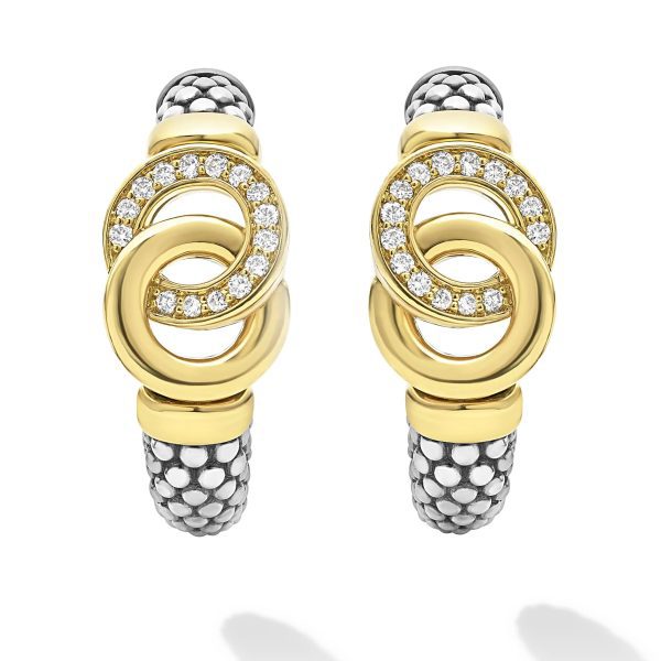 The LAGOS Signature Caviar Two-Tone Interlocking Diamond Hoop Earrings are an elegant pair featuring interlocking circular designs encrusted with sparkling diamonds. These hoops boast a distinctive, textured pattern resembling silver beads, adding a modern twist to the classic gold and diamond combination.