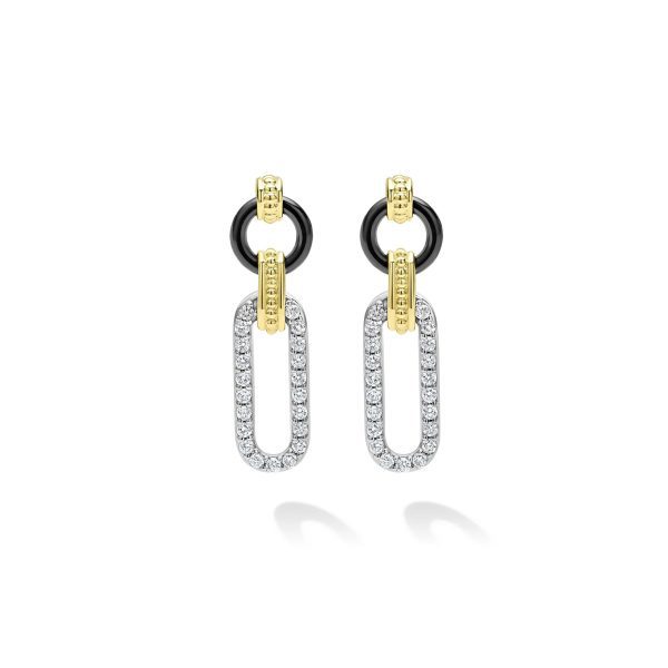 A pair of LAGOS Signature Caviar Small 18K Gold and Black Ceramic Diamond Link Drop Earrings, showcasing a stylish black circular design at the top that seamlessly transitions into a rectangular loop encrusted with tiny sparkling diamonds. These earrings are embellished with subtle gold accents and presented against a plain white background.