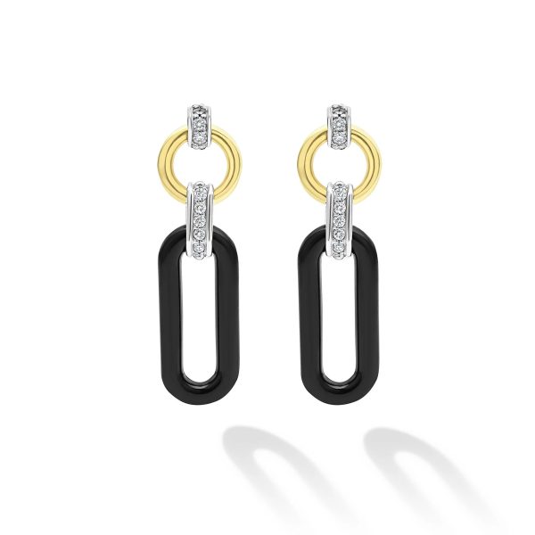 A pair of LAGOS Signature Caviar 18K Gold and Black Ceramic Diamond Link Drop Earrings featuring interlocking geometric shapes. Each earring consists of a small yellow gold ring, a silver connector with embedded small crystals, and a larger black elongated ceramic link. The earrings are shown against a plain white background.