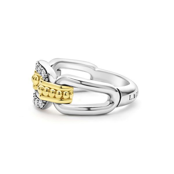 The LAGOS Signature Caviar Two-Tone Link Diamond Ring showcases an intricate design with interlocking silver and gold elements. The gold section is embellished with small bead-like details and sparkling diamonds, while the sleek band is polished to perfection and features a visible engraving on one side.