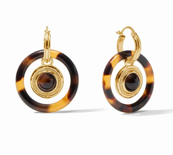 Introducing the Julie Vos Madison 6-in-1 Charm Earrings - Tortoise Shell: A pair of stunning circular earrings featuring large, tortoiseshell-patterned hoops and a smaller gold-colored center circle. Each earring is adorned with a black stone in the middle of the gold circle, accented by an elegant textured gold border. The earrings are designed with convenient hoop closures.