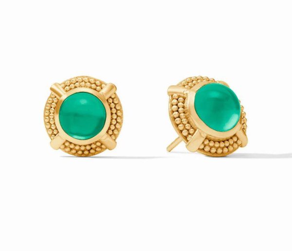 The Julie Vos Cabochon Stud Earrings - Iridescent Emerald Green showcase round green gemstones encased in a detailed gold design, featuring delicate beaded accents around the gemstones and four small prongs securing each stone.