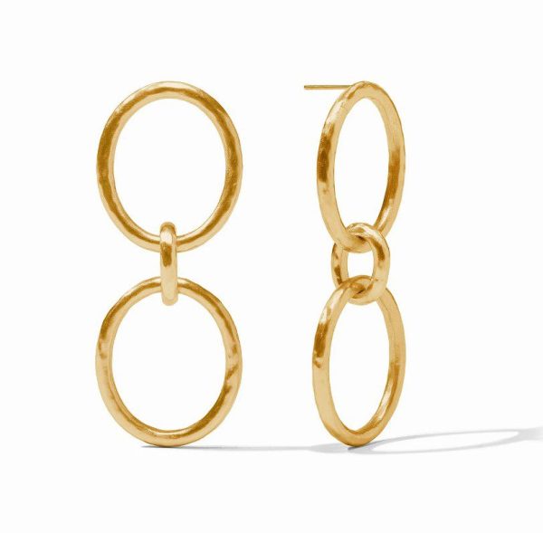 The Julie Vos Catalina Duo Link Earrings feature a vertical design with three interconnected, circular rings in a gold-tone finish. These highly polished earrings are set against a plain white background, showcasing their gleaming metallic surface.