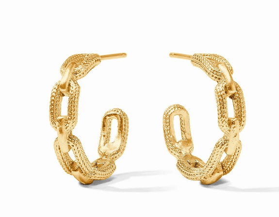 A pair of Julie Vos Cheval Paperclip Hoop Earrings - Small, featuring a textured, chain-link design, displayed against a white background to highlight their intricate detailing and polished finish.