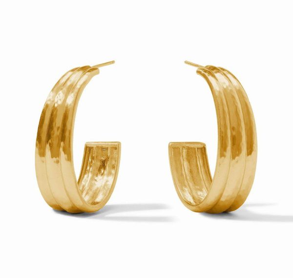 Introducing the Julie Vos Cirque Hoop Earrings in Medium – an elegant pair of wide gold hoops. These earrings showcase a sophisticated triple-stripe design, offering a beautifully layered and textured appearance, all set against a plain white background.