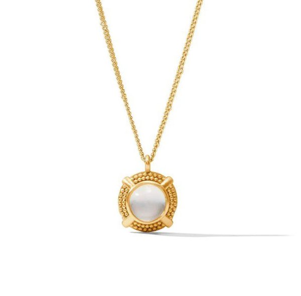 The Julie Vos Cabochon Solitaire Necklace - Iridescent Clear Crystal features a central white iridescent crystal set in a gold pendant with intricate circular detailing. The elegant pendant is suspended from a fine gold chain, and its sophistication is highlighted against a white background.