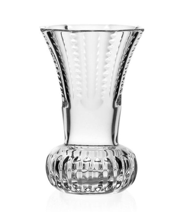 The William Yeoward Karen Posy Vase - 4" is a clear crystal vase with an intricately designed flared top and a textured, rounded base. It features vertical ridges and detailed patterns that showcase fine craftsmanship and elegant design.