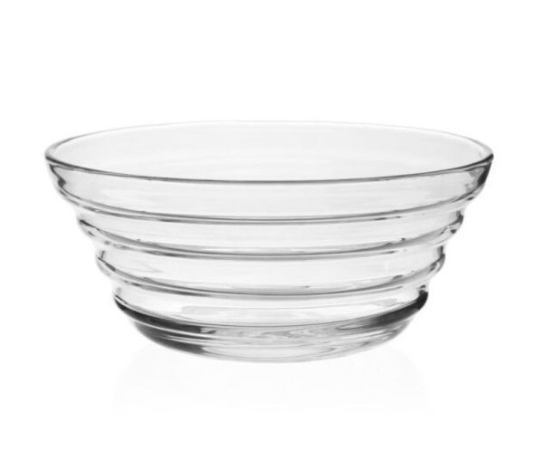 The William Yeoward Ripples Serving Bowl - 10" features a clear glass design with a slightly flared rim and subtle horizontal groove patterns encircling its sides, capturing light beautifully and highlighting its transparent quality. The bowl is empty and positioned against a plain white background.