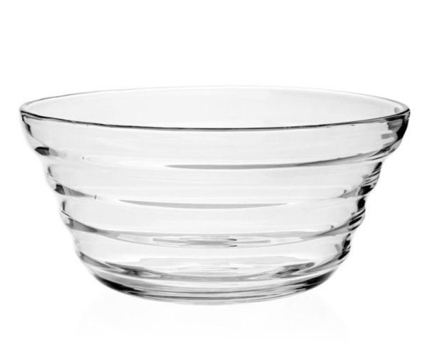 A William Yeoward Ripples Serving Bowl - 12", crafted from clear glass, features a simple, round shape with a ribbed design around the sides. It is displayed on a plain white background, appearing empty and showcasing its transparency that emphasizes the clean lines and smooth surface.