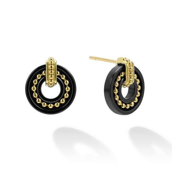 The LAGOS Black Caviar 18K Gold and Black Ceramic Stud Earrings combine modern elegance with a touch of luxury. These stylish earrings feature black ceramic circular loops adorned with 18K gold beads along the inner edge and have a gold hoop attachment, secured with a post-back closure.