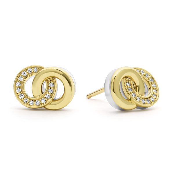 Introducing the LAGOS Signature Caviar Two-Tone Interlocking Diamond Stud Earrings—a pair of elegant gold and silver interlocking loop earrings. Each earring features one loop adorned with small diamonds, adding a touch of sparkle to its polished design.