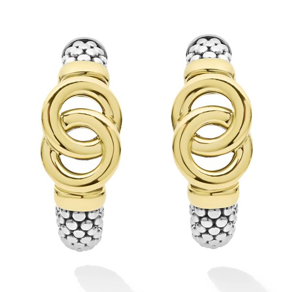 LAGOS Signature Caviar Two-Tone Interlocking Hoop Earrings feature gold interlocking circles at the center and silver beaded textured ends. The design is modern and intricate, combining smooth and textured metallic finishes for a captivating contrast.