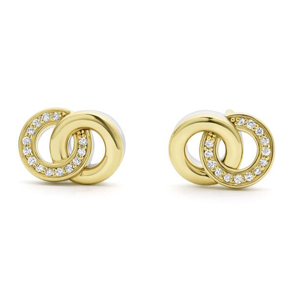 Introducing the LAGOS Signature Caviar Two-Tone Interlocking Diamond Stud Earrings, a pair of elegant gold stud earrings featuring two interlocking circles. One circle is encrusted with small, sparkling diamonds, while the other boasts polished gold. This design creates a sophisticated and timeless look.