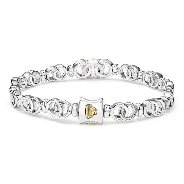 The LAGOS Signature Caviar Two-Tone Interlocking Diamond Link Bracelet showcases an elegant pattern of interlocking infinity symbols, highlighted by a square gold charm with an embossed icon at the centerpiece, bringing a touch of contrast and sophistication.