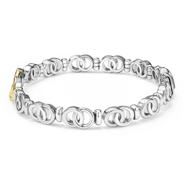 The LAGOS Signature Caviar Two-Tone Interlocking Diamond Link Bracelet features interlocking infinity symbol links with a gold clasp. Its sleek design accentuates the polished finish of the metal, offering a chic and contemporary look. The bracelet is elegantly displayed against a plain white background.