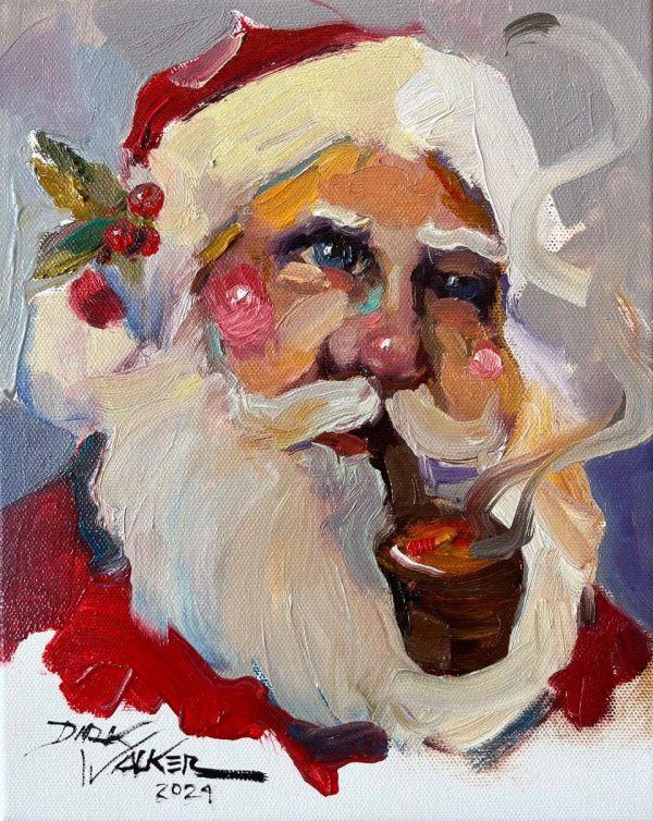 This original 10 x 8" oil on canvas by Dirk Walker features St. Nick with rosy cheeks, a white beard, and a red hat adorned with holly leaves and red berries as he smokes a pipe, complete with the artist's signature in the corner.