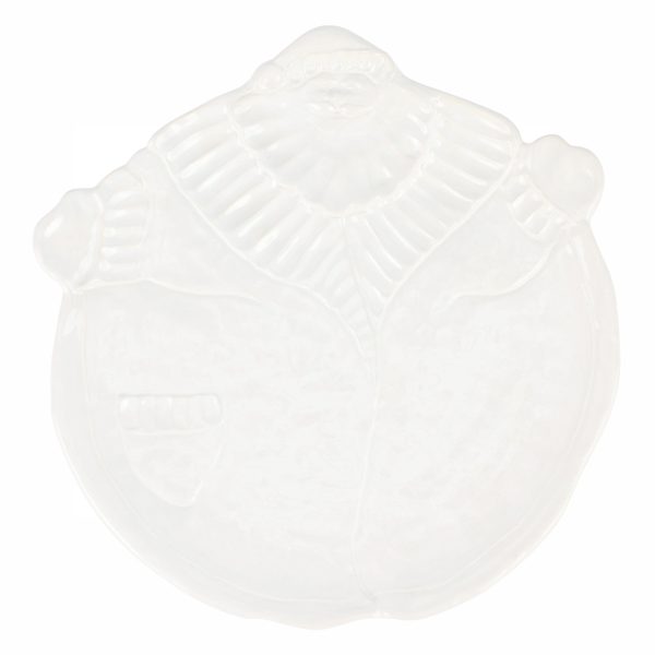 White, round ceramic plate with a textured design resembling a chef's uniform, including a collar and buttons.