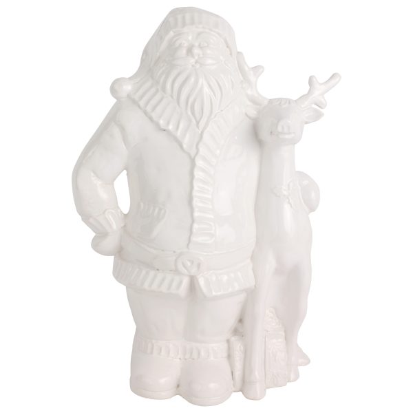 A white ceramic statue depicting Santa Claus standing next to a reindeer. Both figures are detailed, with Santa wearing a coat and hat, and the reindeer's antlers and face are visible. The statue has a glossy finish.