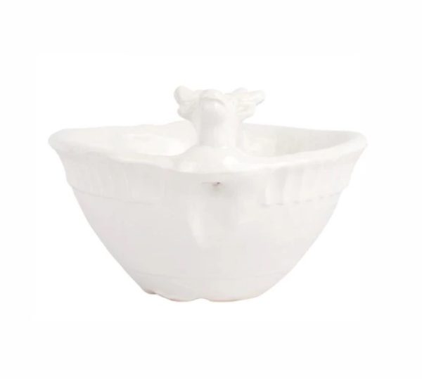 Vietri Pietra Natale deep bowl made from white ceramic, showcasing a sculpted deer design on the rim against a plain white background.