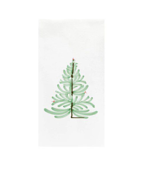 A minimalistic watercolor Christmas tree with sparse branches and a few small ornaments, presented against a plain white background is featured on the Vietri Papersoft Napkins Lastra Holiday Guest Towels (Pack of 20).