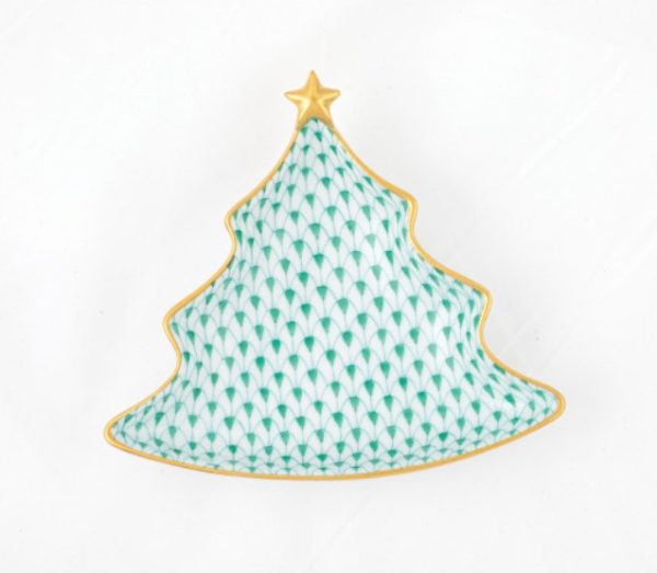 Introducing the Herend Christmas Tree Dish: a ceramic dish designed in the shape of a Christmas tree, featuring a green and white scale pattern, highlighted with gold outlines and crowned with a gold star, set against a plain white background.