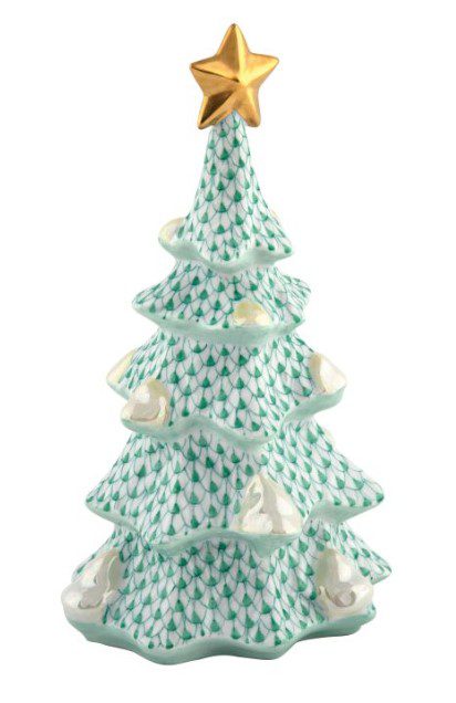 The Herend Large Christmas Tree Figurine - Keylime features green patterned tiers, small white accents resembling snow, and is topped with a shiny gold star.