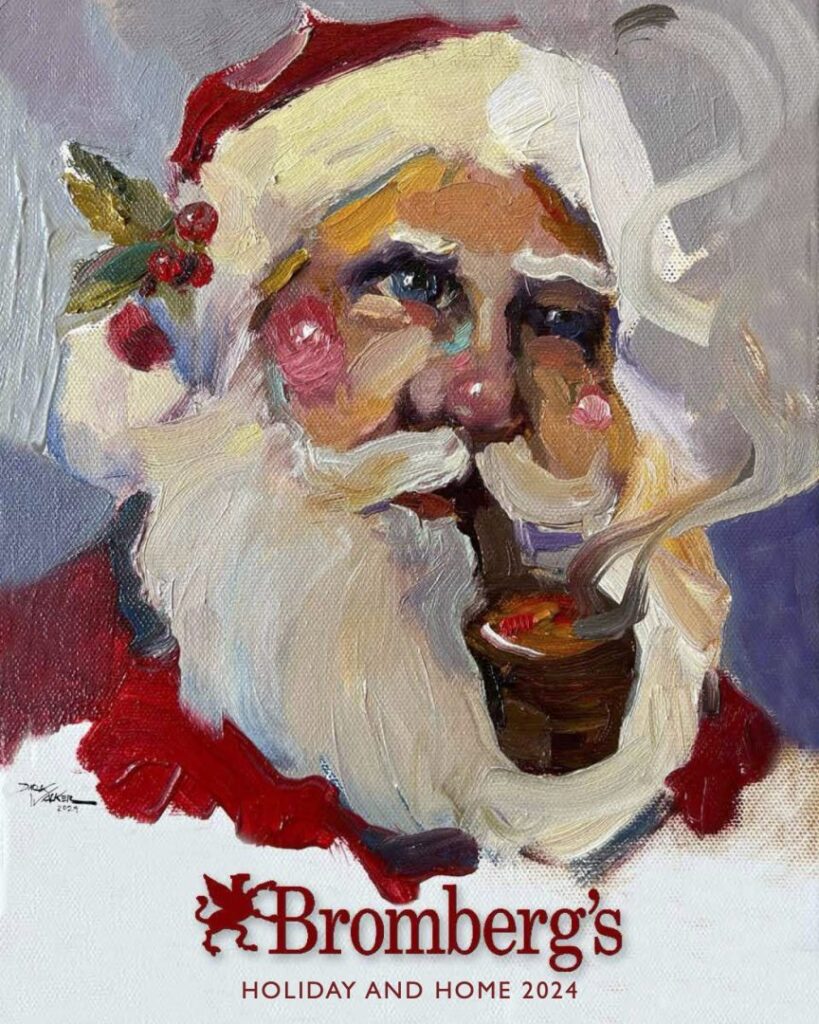 Colorful painting of Santa Claus with a white beard, wearing a red suit and hat, holding a smoking pipe. The bottom reads "Bromberg's Holiday and Home 2024." The artwork has a festive, whimsical style.