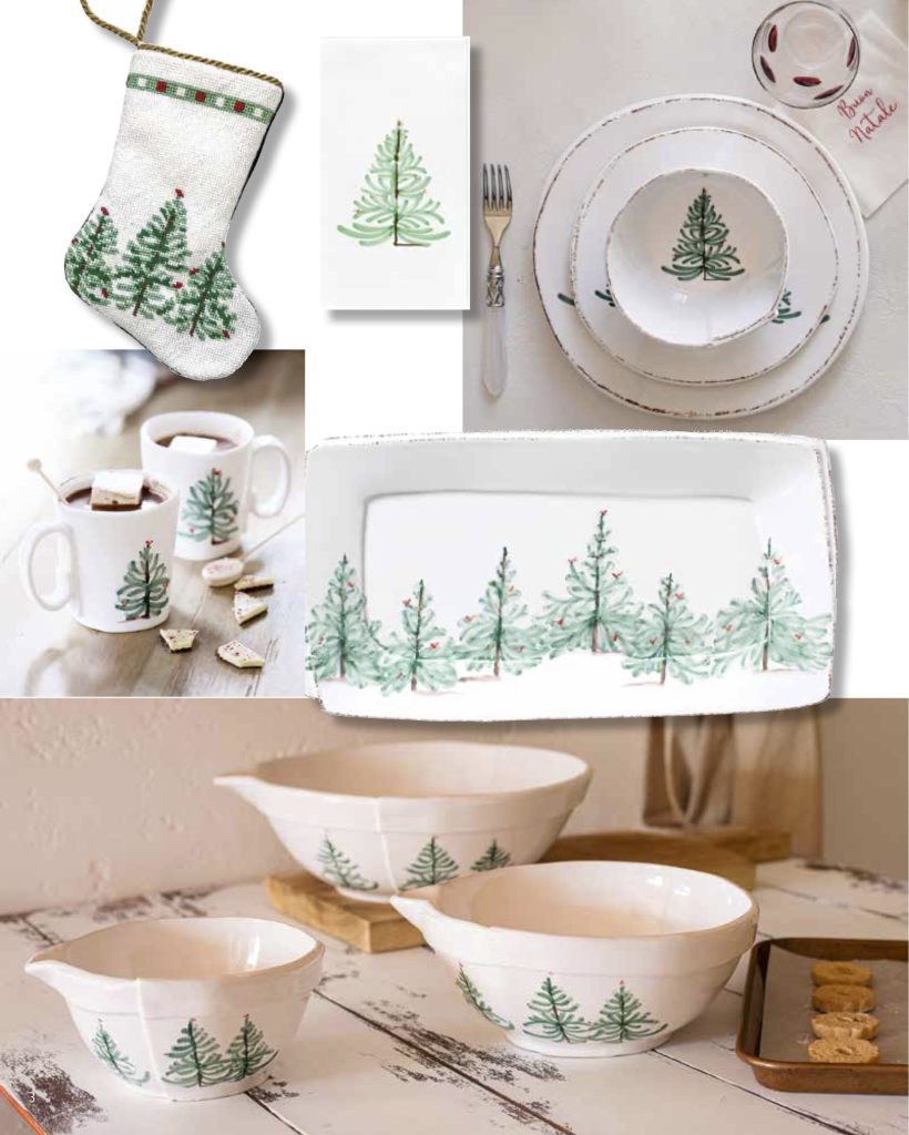 A collection of Christmas-themed tableware and decor, featuring plates, bowls, mugs, and a stocking adorned with green tree designs. All items are arranged on a light background.